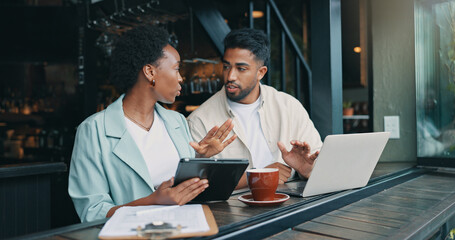 Teamwork, laptop and business people in restaurant, tablet and planning for startup. Coworking, cooperation and web designers with tech, pc and research for funding, feedback and review for profit