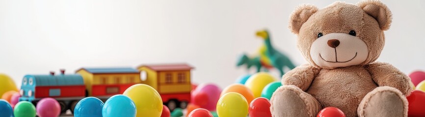 Playful Teddy Bear: A plush teddy bear sits amidst a vibrant collection of toys, including colorful eggs, a toy train, and a playful dinosaur. The scene evokes a sense of childhood joy, innocence.