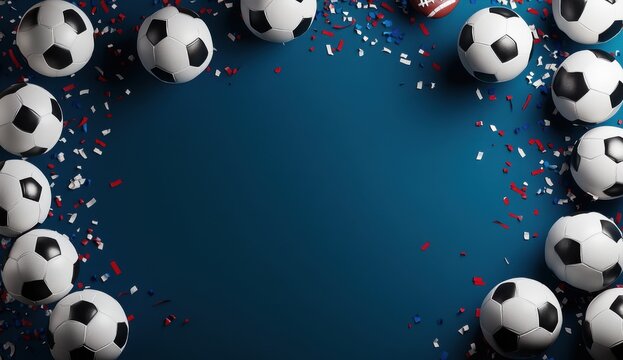 Soccer Celebration: A vibrant and energetic backdrop for your soccer-themed designs!  A cluster of classic black and white soccer balls,  scattered with confetti.