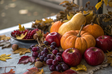 Autumn harvest still life with pumpkins, apples, grapes, and leaves on table