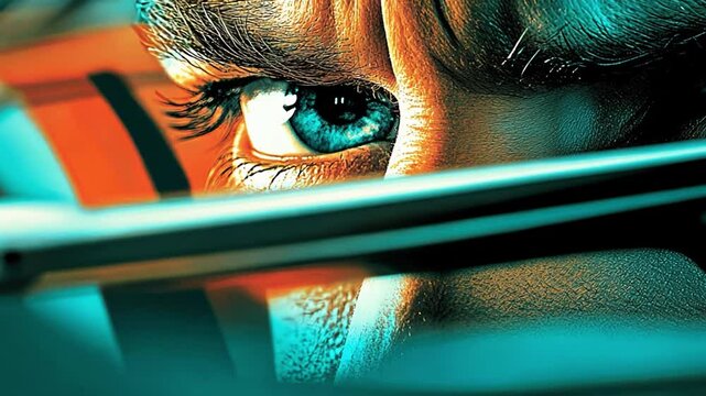 Archer's Focus: A close-up shot of an archer's intense, focused eye peering over a bowstring,  capturing the moment of concentration before the release.