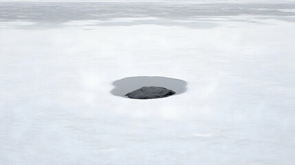 Winter lake, dark rock in ice hole, snowy landscape, nature background