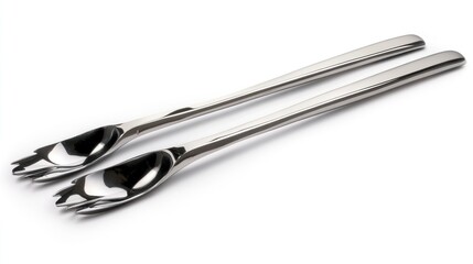 Obraz premium Two sleek silver salad servers on white. Food preparation