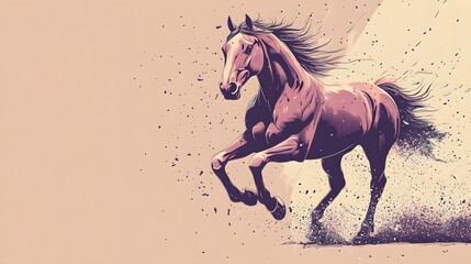 Horse galloping energetically across a field of abstract art