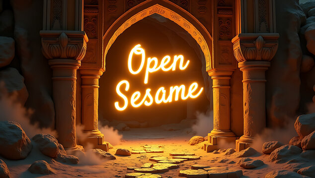 "Ali Baba and the Forty Thieves &ndash; A Hidden Cave Entrance Glowing with Gold and Jewels, the Words 'Open Sesame' Floating in the Air"