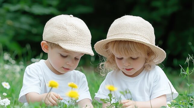 Two children picking flowers in a meadow. Possible use Children's book illustration