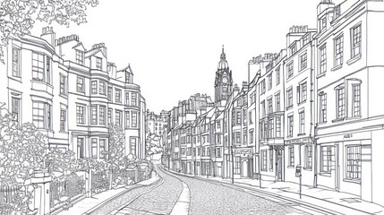 Edinburgh street scene, cobbled road uphill, buildings, clock tower, travel guide illustration