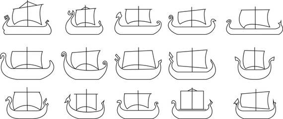 Black silhouette of a Viking ship on water icon set, sailboat vehicle gondola old designs ships, vintage galleons isolated on transparent background, graphic art vector styles, logo, template elements