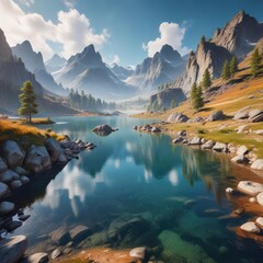 Freshwater lake with mineral-rich waters and surrounding landscape, serene, mineral rich