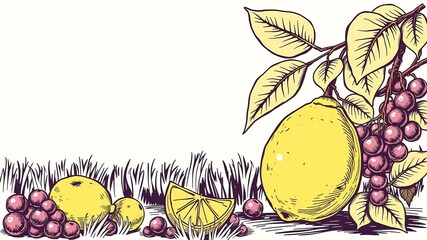 Vintage style vector illustration of various healthy fruits and berries on a rustic background, including melon, lemon, grapes, and berries, vintage, farmer, lemon
