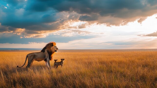 Majestic lion pride sunset savanna grassland Africa wildlife