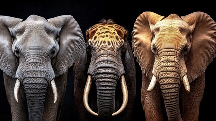 Majestic Elephants Displaying Unique Features Against Dark Background