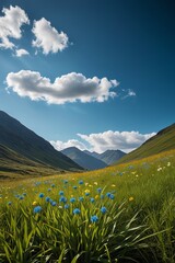 Fototapeta premium there is a field of flowers in the middle of a mountain