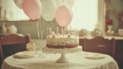 Vintage birthday celebration with cake, balloons, and elegant decor