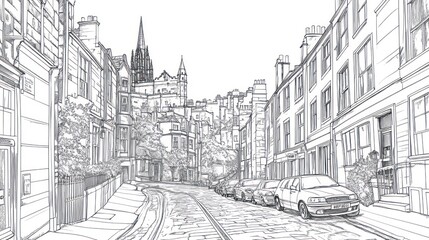 Edinburgh street scene, uphill road, parked cars, church background, city travel illustration
