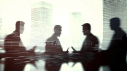 Silhouettes of professionals engaged in secure communication in modern cityscape