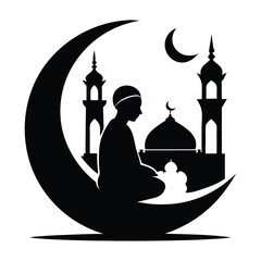 Silhouette of a Prayer Person with Mosque and Crescent Moon