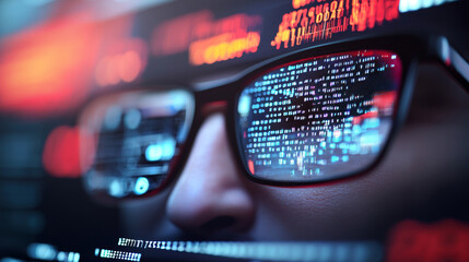 High tech glasses displaying digital data and code in futuristic setting