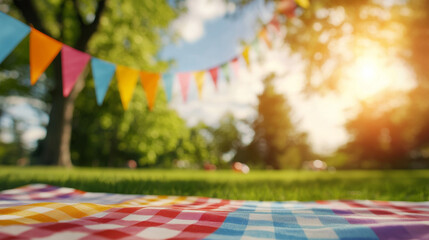 colorful picnic scene with bunting and sunlight in park
