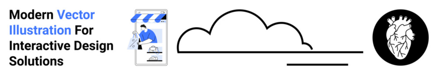 Fototapeta premium Highlighting a storefront illustration, minimalist cloud line, and a black-white anatomical heart. Ideal for design, branding, e-commerce, education, health, technology artistic projects flat