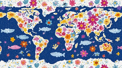 Colorful Floral World Map Design with Fish and Nature Elements