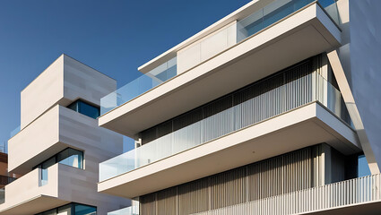 crisp image of the modern architecture at the Diagonal Mar area, with abstract shapes and clean lines