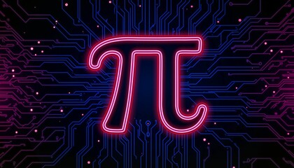 Neon π symbol on abstract circuit board background