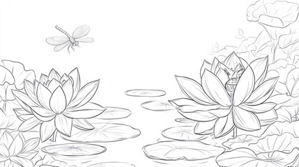 Dragonfly over water lilies, pond, sketch, serene nature, coloring page