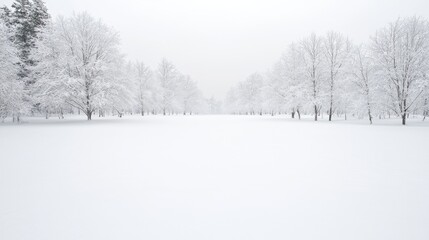 Fototapeta premium Snowy field with trees, winter landscape, peaceful scene, perfect for background use