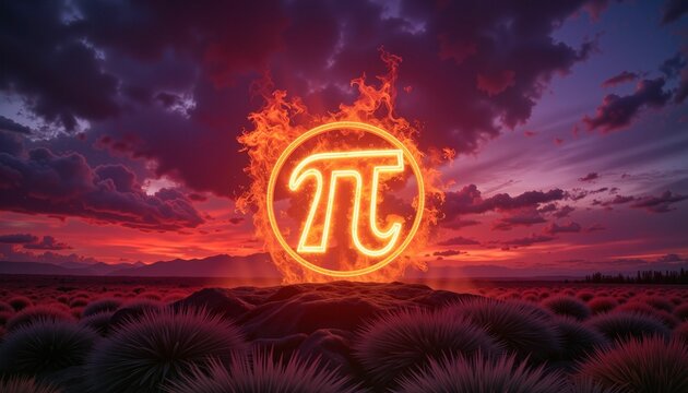 Fiery pi symbol glowing against a dramatic sunset sky