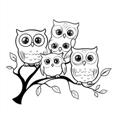 Fototapeta premium Cute owl family on tree branch.