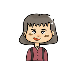 A cartoon girl with a smile on her face. She is wearing a pink shirt and a backpack