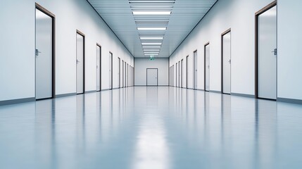 Obraz premium Modern hallway with multiple doors and lights.