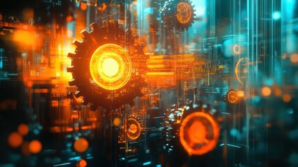 Obraz premium Abstract Futuristic Technology Background Glowing Gears and Digital Data Stream