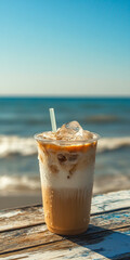 海の見えるカフェで飲むアイスコーヒー　Generated image