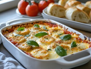Delicious baked pasta dish with tomato sauce mozzarella and basil ready to be served