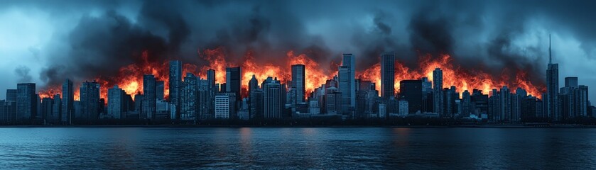 Fototapeta premium City skyline engulfed in vibrant flames.