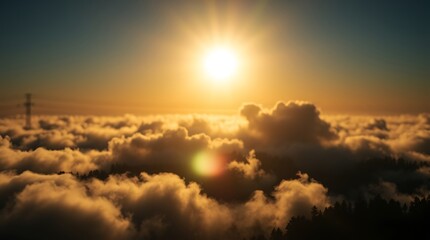 Golden Sunset Above Clouds with Forest and Power Line View