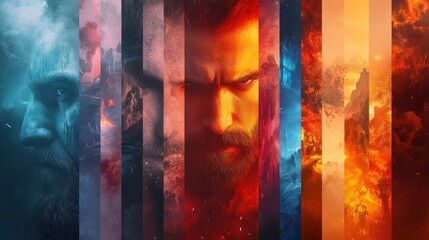 Fiery man portrait, elemental backdrop, fantasy art, movie poster