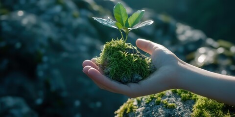 Nurturing Growth: A tender hand gently cradles a small plant sprouting from a mossy rock, symbolizing the fragility and resilience of nature's life cycle.  