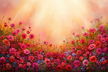 Obraz premium A vibrant field of colorful flowers radiating joy, illuminated by a soft, warm light in the background, creating a serene and enchanting atmosphere.