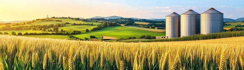 Obraz premium Golden fields with silos under a bright sky.