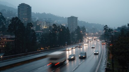 Fototapeta premium Rainy city highway traffic, hills background