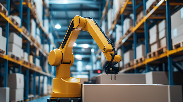 Industrial robotic arm automating warehouse operations, Smart warehouse with AI-driven robotic automation, Yellow robotic arm handling logistics in a modern warehouse