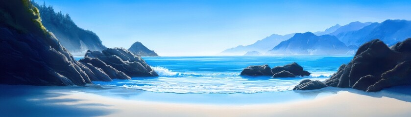 A serene beach scene featuring clear blue waters, rocky outcrops, and distant mountains under a bright sky.