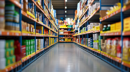 Fototapeta premium Modern Grocery Store Aisle with Stocked Shelves, Fully Stocked Supermarket Aisle for Retail Shopping, Organized Grocery Store Interior with Packed Shelves