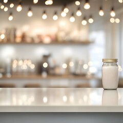 Glass jar with white liquid on a table in a bright cafe with blurred lights background