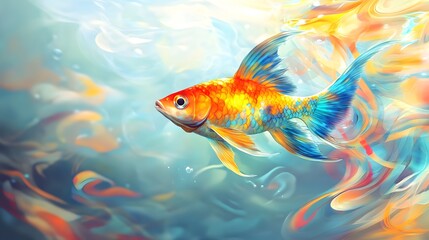 Fototapeta premium Beautifully illustrated vibrant goldfish swims gracefully through a whimsical ocean
