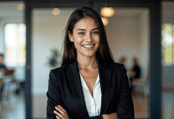 Obraz premium Confident Businesswoman Smiling, Modern Office, Professional Portrait