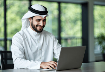 Smiling Arab Businessman Using Laptop, Modern Office, Professional